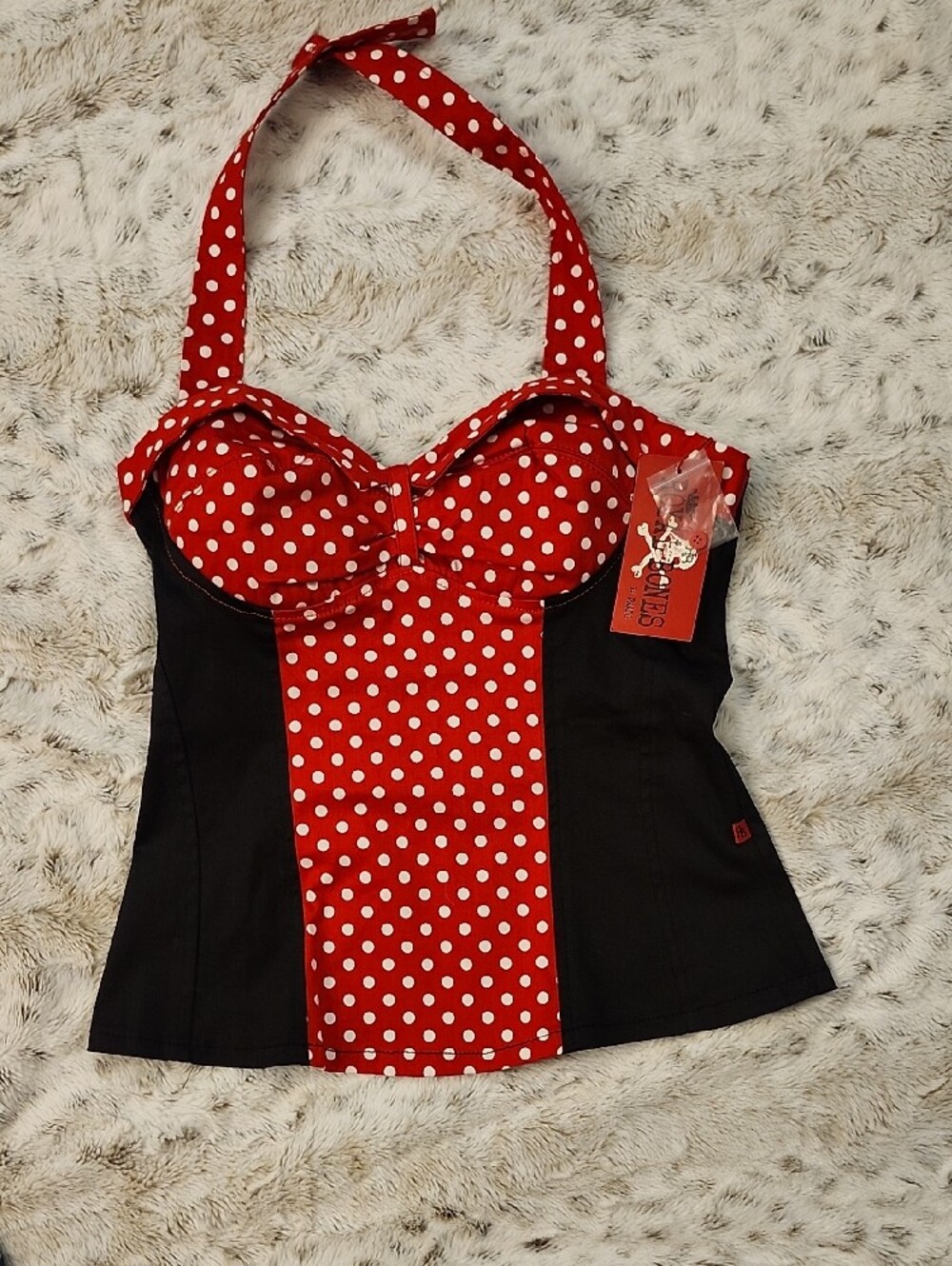 Royal Bones Red Black Polka Dot Pinup Halter Top - Picture 12 of 14